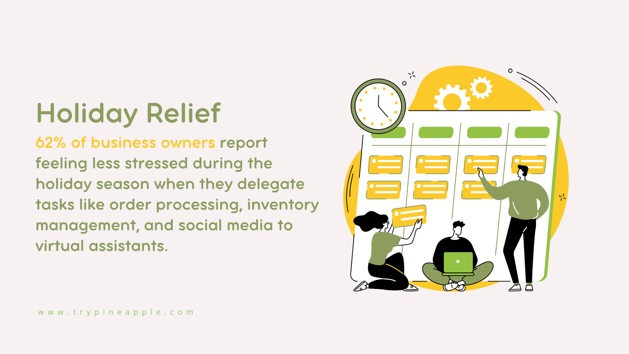 Infographic showing that 62% of business owners report feeling less stressed during the holiday season when they delegate tasks like order processing, inventory management, and social media to virtual assistants.