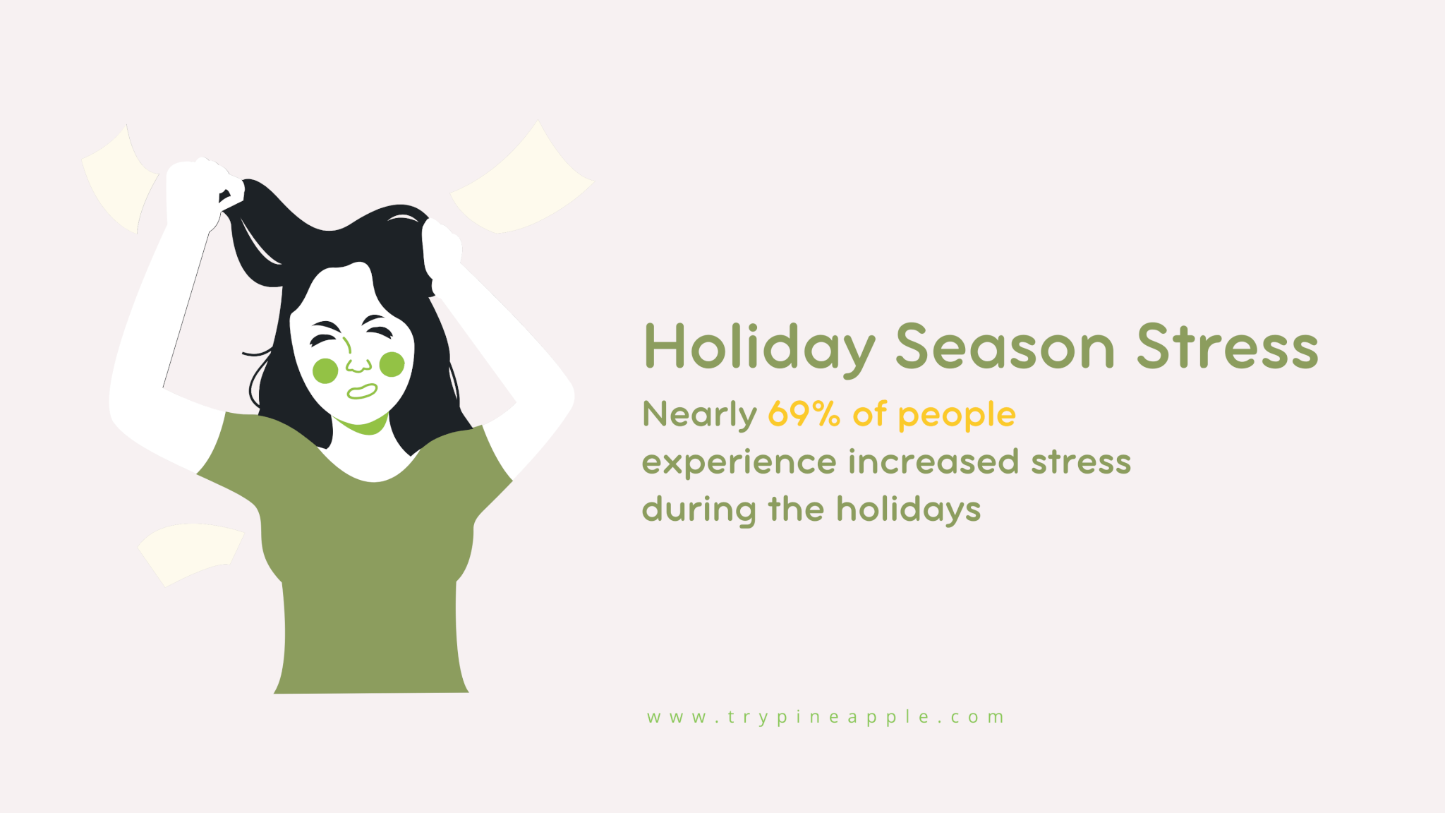 Infographic showing holiday season stress statistics: nearly 69% of people experience increased stress during the holidays.