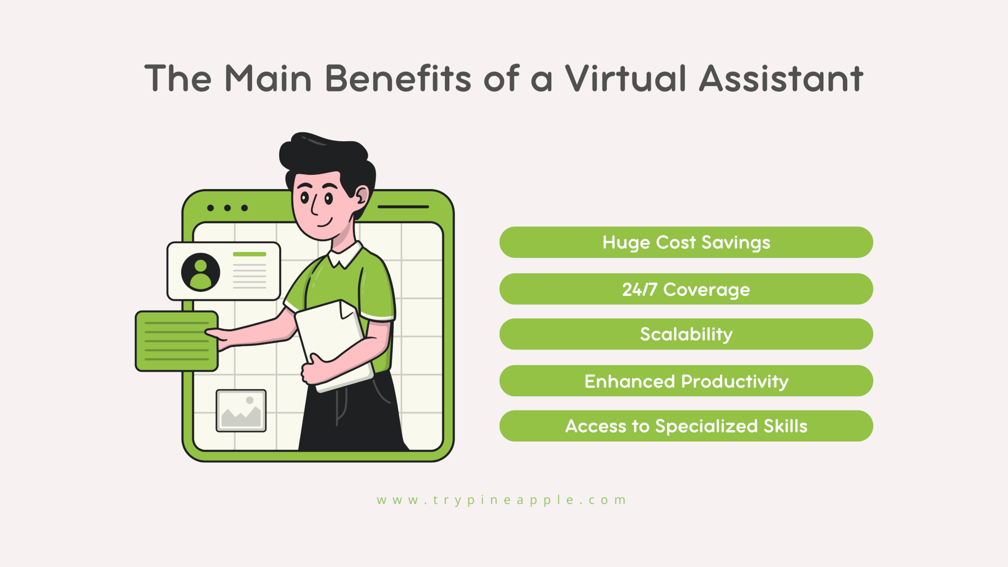 Illustration of the main benefits of hiring a virtual assistant, highlighting huge cost savings, 24/7 coverage, scalability, enhanced productivity, and access to specialized skills.