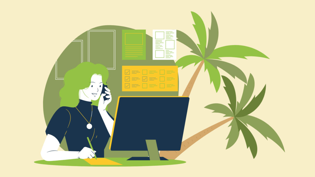 Cartoon of a virtual assistant working on a laptop with palm trees in the background, symbolizing stress-free holiday support.