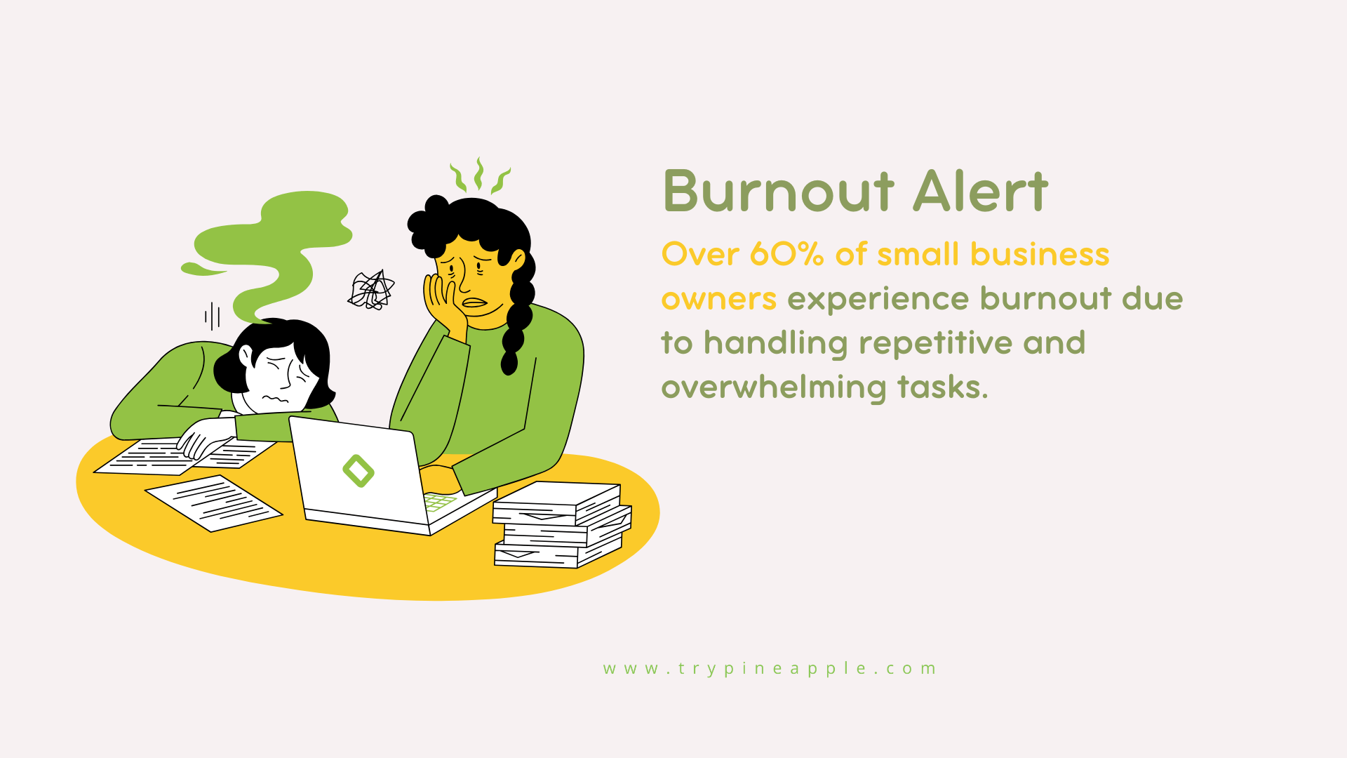 Infographic highlighting that over 60% of small business owners experience burnout due to handling repetitive and overwhelming tasks, emphasizing the importance of hiring an eCommerce VA.