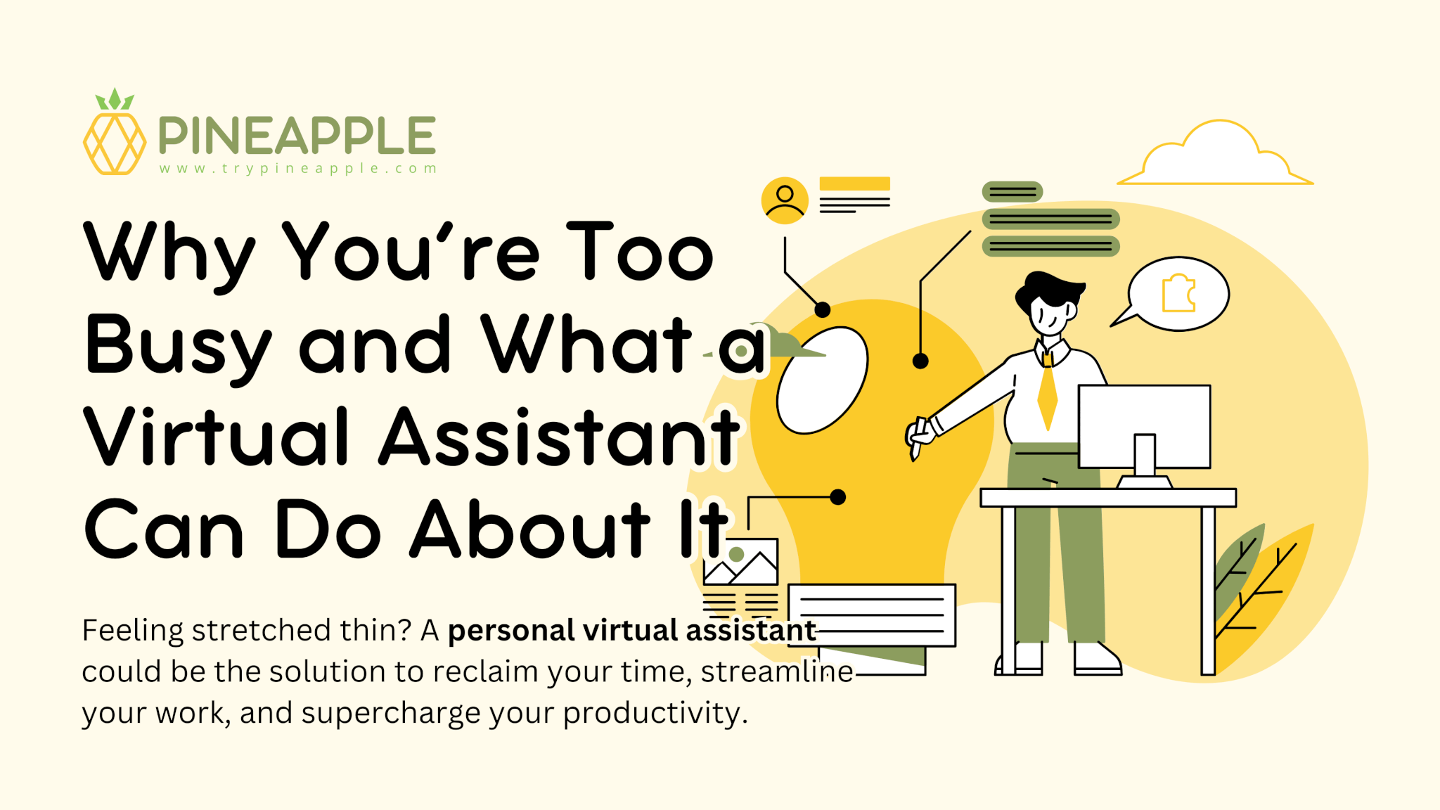 Illustration of a calm workspace featuring a laptop and organizer, representing how a personal virtual assistant can streamline tasks and save time.