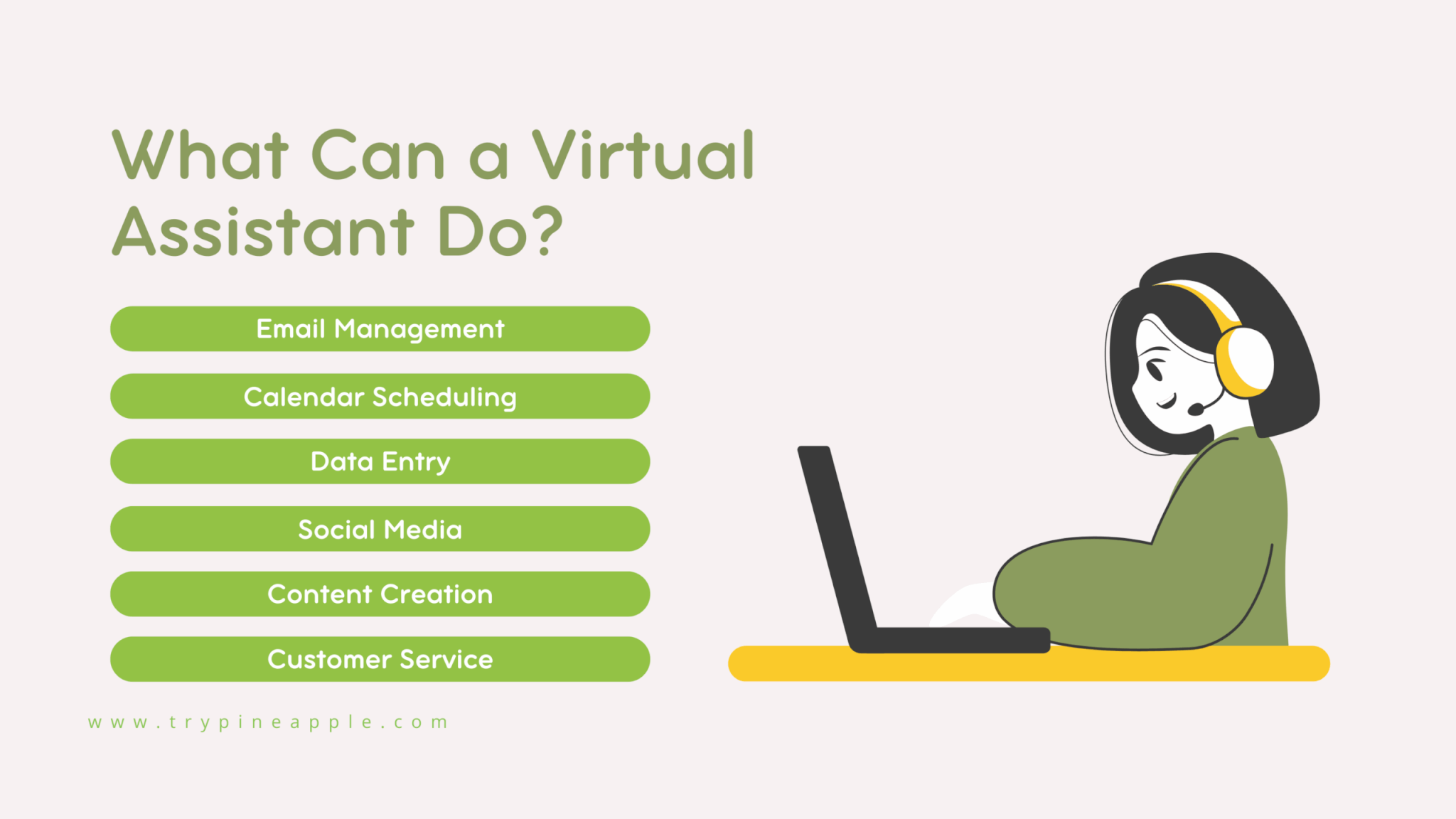 Checklist infographic showing common virtual assistant tasks, including email management, calendar scheduling, data entry, social media handling, content creation, customer service, podcast editing, and e-commerce support.