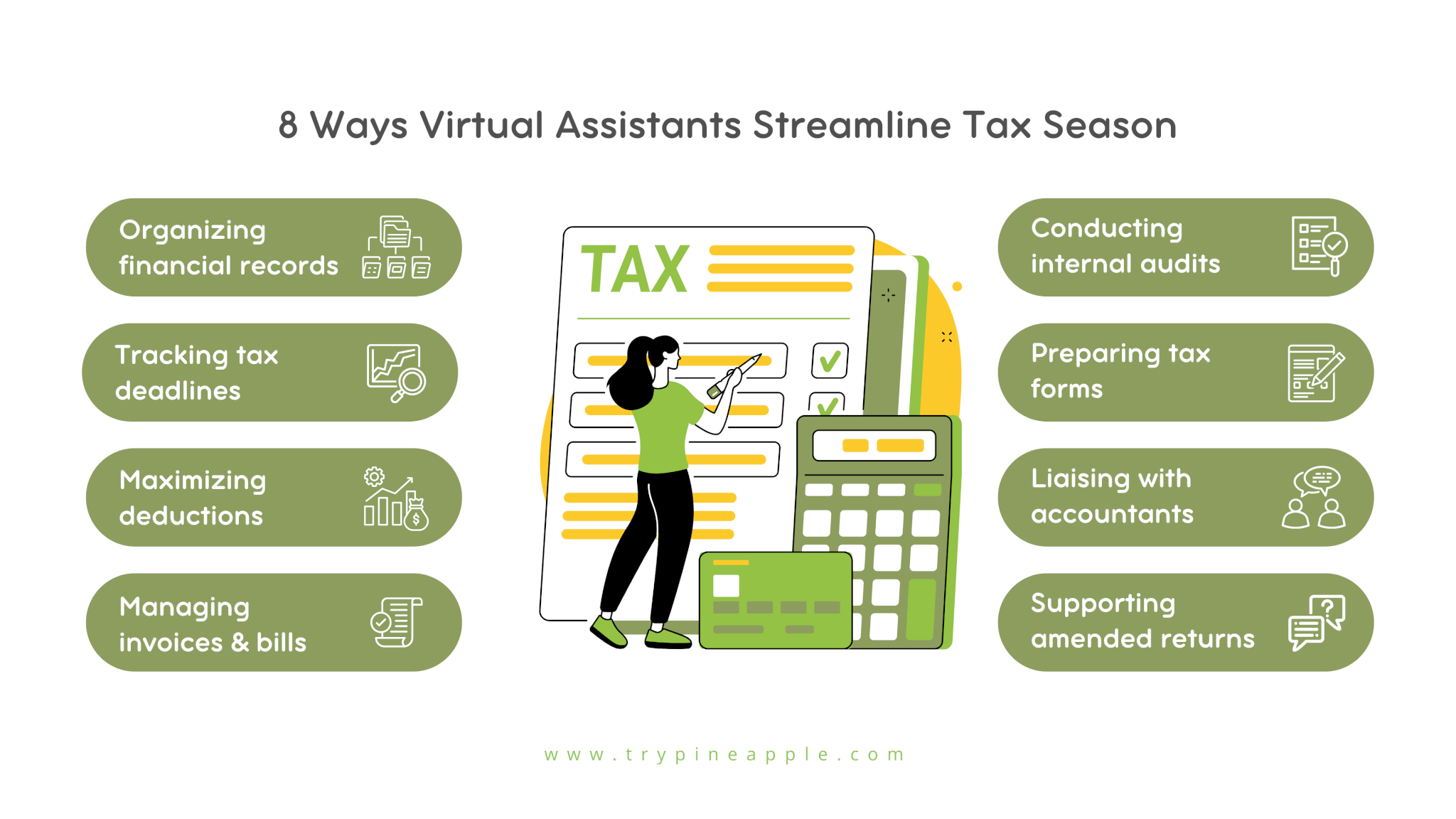 Infographic showing 8 ways virtual assistants help with tax season for small businesses, including organizing financial records, managing deadlines, maximizing deductions, and supporting amended returns.