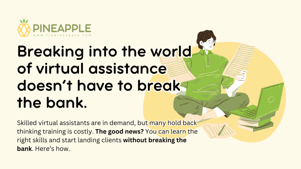 Infographic showing free and affordable platforms to learn virtual assistant skills, including online courses, YouTube channels, and community resources