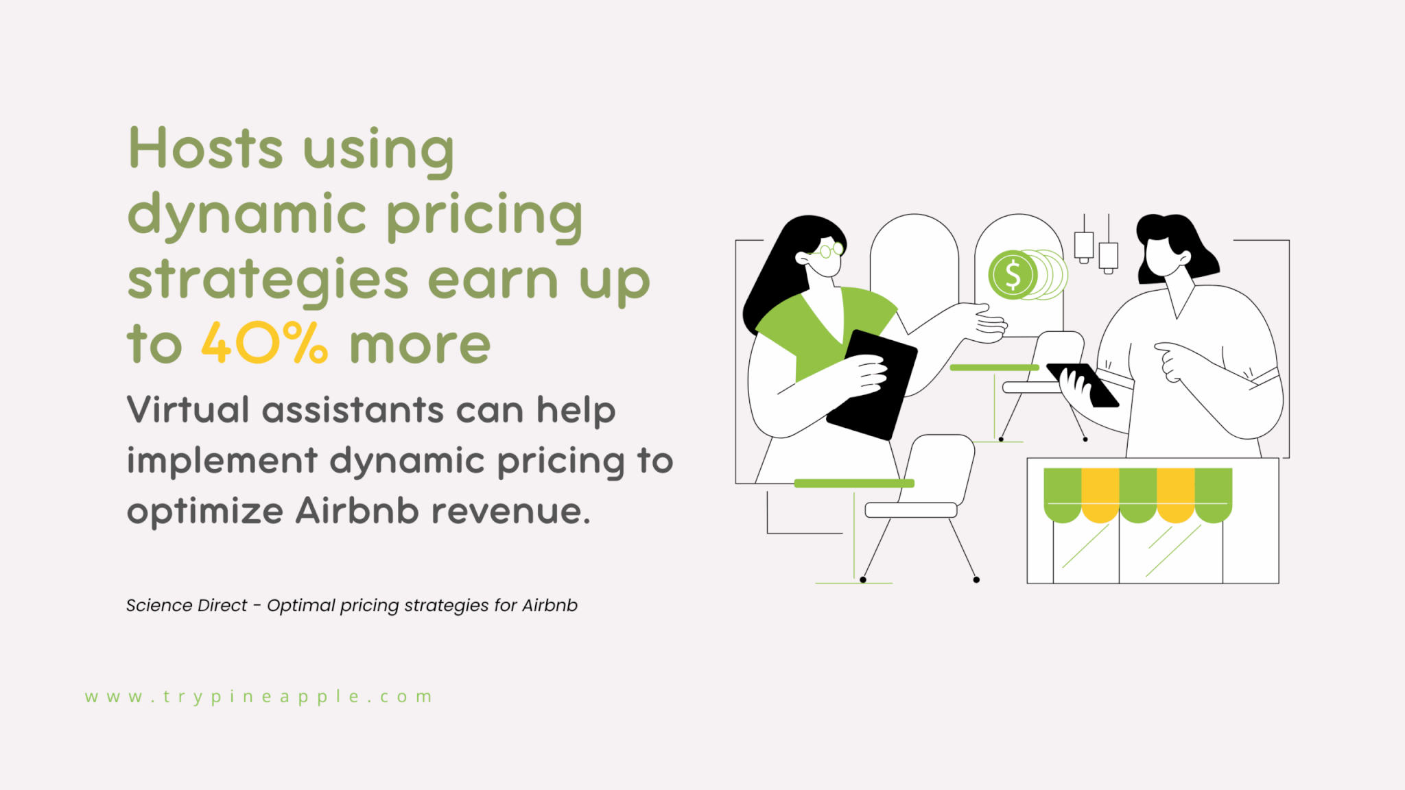 Infographic showing that Airbnb hosts using dynamic pricing strategies-often managed by virtual assistants-can earn up to 40% more revenue, highlighting the benefits of hiring an Airbnb virtual assistant.