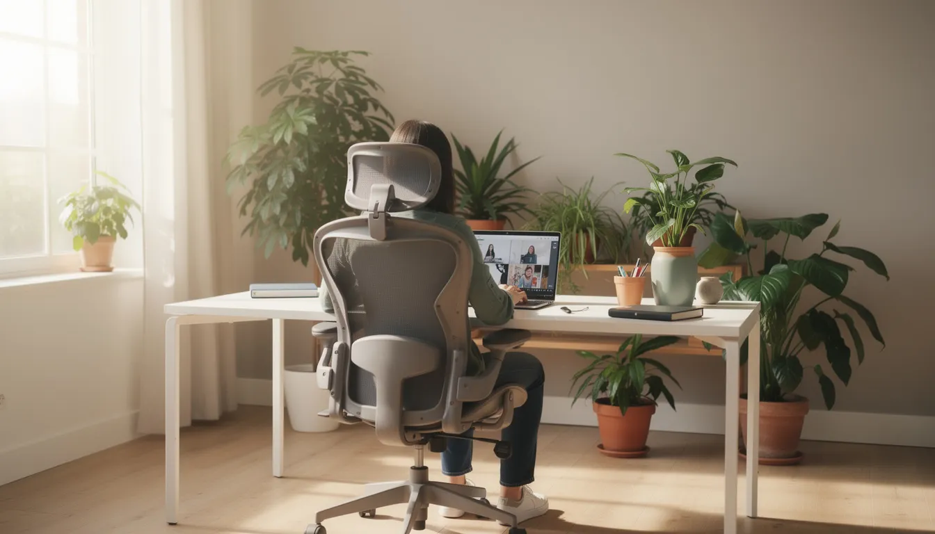 The image depicts a professional working remotely on a laptop in a bright home office filled with plants and bathed in natural light. This setting reflects the modern virtual assistant industry, showcasing a dedicated virtual assistant engaged in administrative tasks and remote support to enhance productivity for busy entrepreneurs.