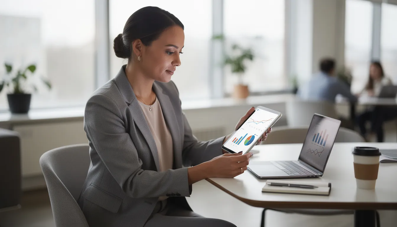 A professional woman is seated in a modern workspace, intently reviewing various charts and graphs on her tablet, highlighting her focus on data analysis and strategic growth. This scene reflects the role of dedicated virtual assistants in providing remote support for busy entrepreneurs and executives managing their administrative tasks.