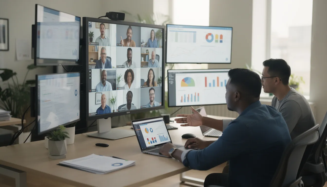 The image depicts a diverse team engaging in a video call, with multiple screens displaying various documents and charts, illustrating their collaboration on specialized tasks. This scene highlights the importance of remote support and professional virtual assistant services in enhancing productivity for busy entrepreneurs.