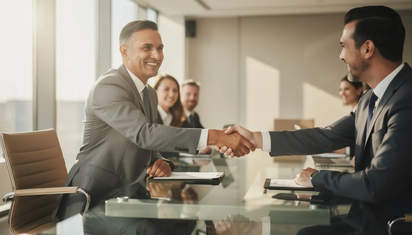 The image shows a professional shaking hands in a business meeting setting, illuminated by warm natural lighting, symbolizing collaboration and partnership. This scene reflects the essence of dedicated virtual assistant services, emphasizing the importance of professional support for busy entrepreneurs and their business needs.