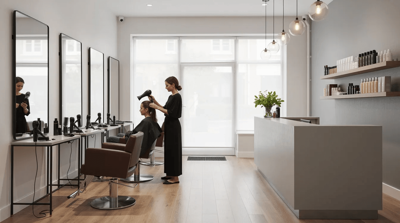 The image depicts a serene and modern salon interior where stylists are actively working on clients, showcasing a professional atmosphere that emphasizes exceptional customer service. The salon's operations are enhanced by a virtual receptionist service, ensuring that all customer inquiries and appointment scheduling are managed efficiently, even during peak hours.