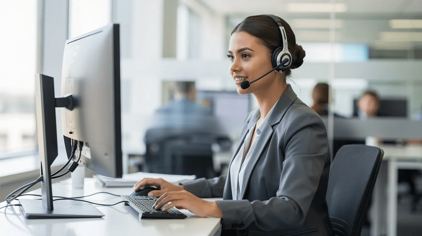 The image shows a professional woman wearing a headset, focused on her computer while providing exceptional customer service as a virtual receptionist. She is likely handling customer inquiries and booking appointments for a salon, ensuring client satisfaction during peak business hours.