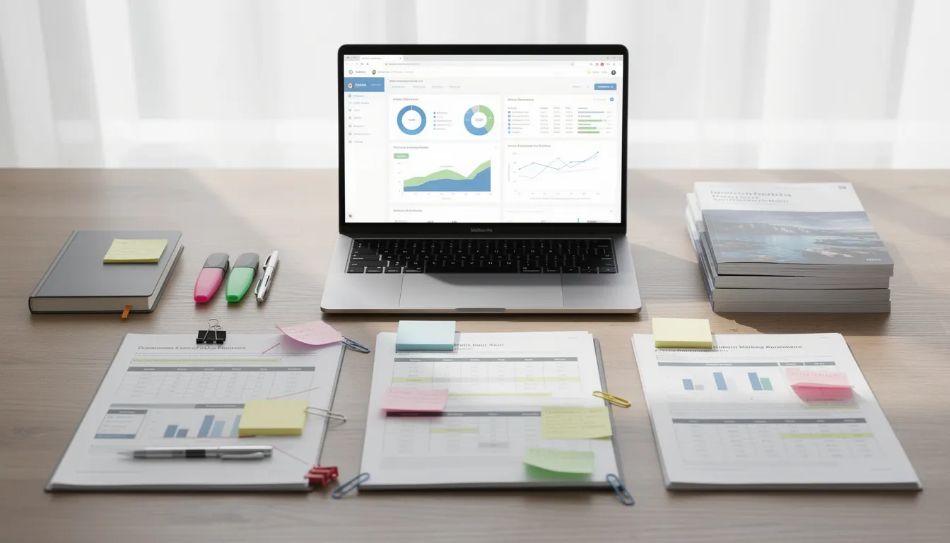 The image shows a neatly organized desk with various documents and research materials spread out, alongside a laptop displaying colorful data charts. This setup reflects the efficient workspace of a virtual assistant engaged in administrative tasks and project management for busy entrepreneurs.
