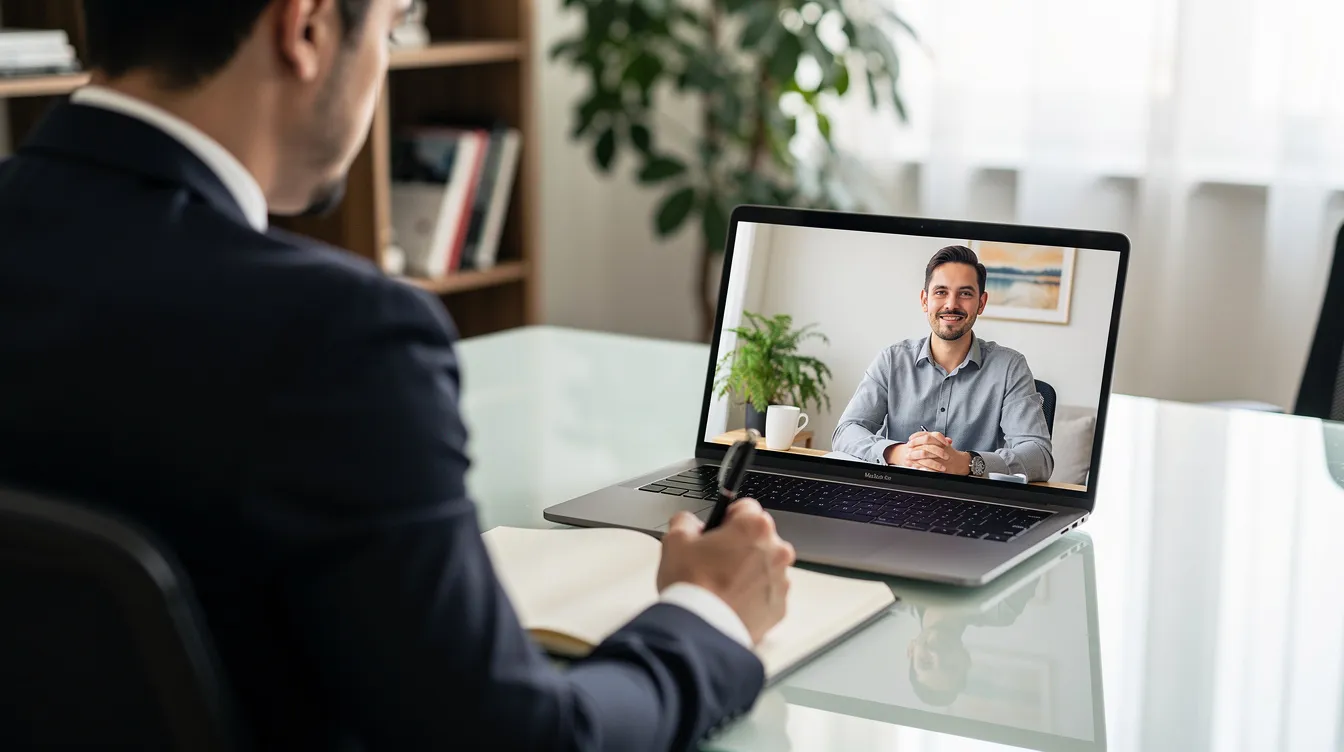 The image shows two individuals engaged in a video call interview, with one person actively taking notes, likely discussing aspects of sales support tasks or virtual sales assistant services. This setting highlights the importance of effective communication and note-taking in the sales process, contributing to improved customer engagement and relationships.