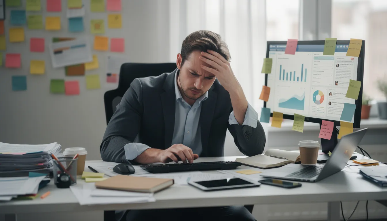 The image depicts a busy entrepreneur sitting at a cluttered desk filled with sticky notes and multiple computer screens, appearing overwhelmed by various tasks. This scene highlights the challenges faced by business owners who often require virtual assistant services to manage administrative tasks, streamline operations, and handle customer communication effectively.