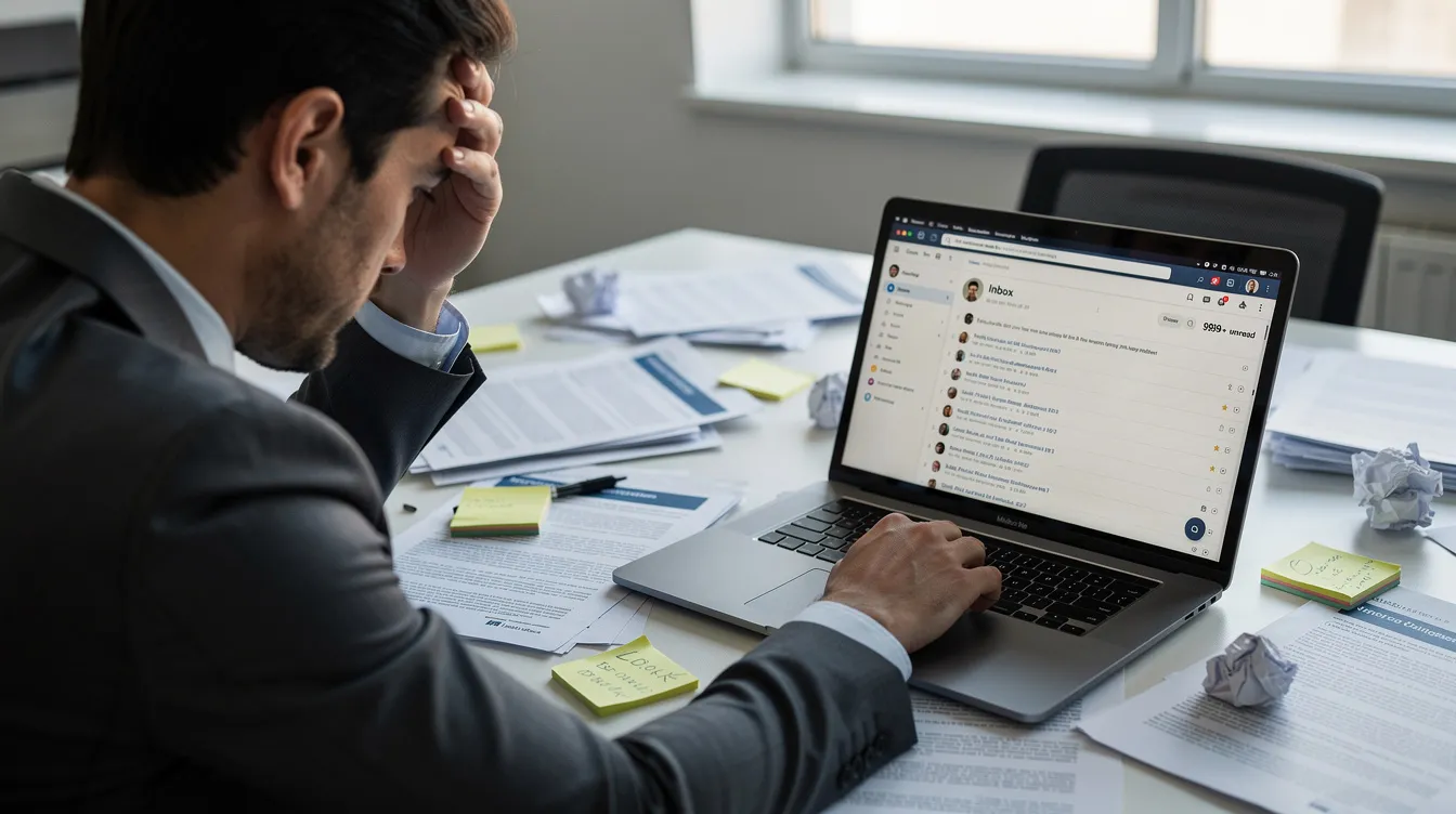 A stressed business person sits at a cluttered desk filled with papers and a laptop displaying an overflowing inbox, highlighting the challenges of managing administrative tasks and sales support. This scene emphasizes the need for effective virtual sales assistant services to streamline the sales process and improve customer engagement.