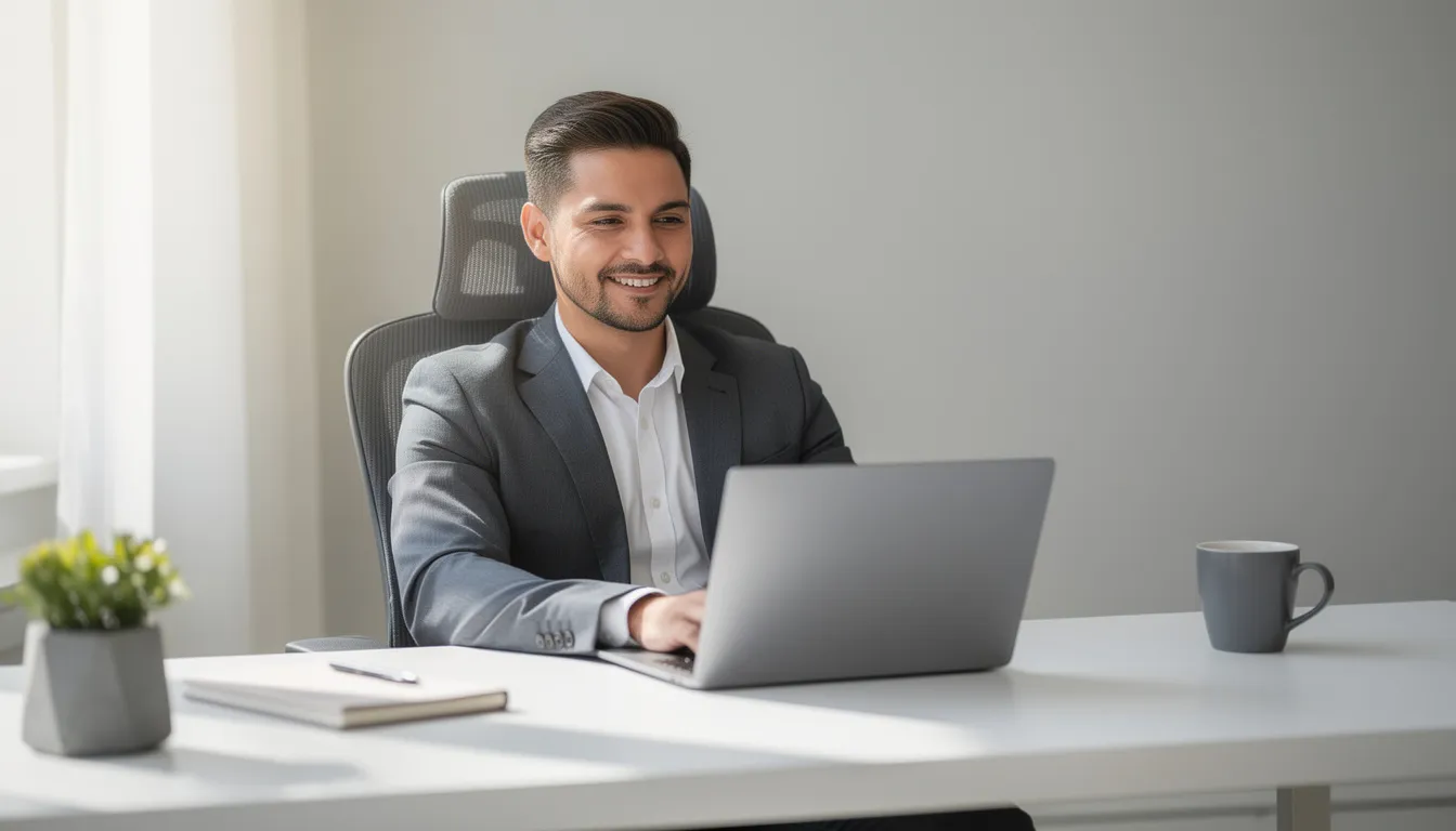 The image features a relaxed professional sitting at a clean desk, confidently focused on a laptop while engaging in various administrative tasks. This scene embodies the essence of a skilled virtual assistant, adept at managing multiple clients and streamlining operations for busy entrepreneurs.