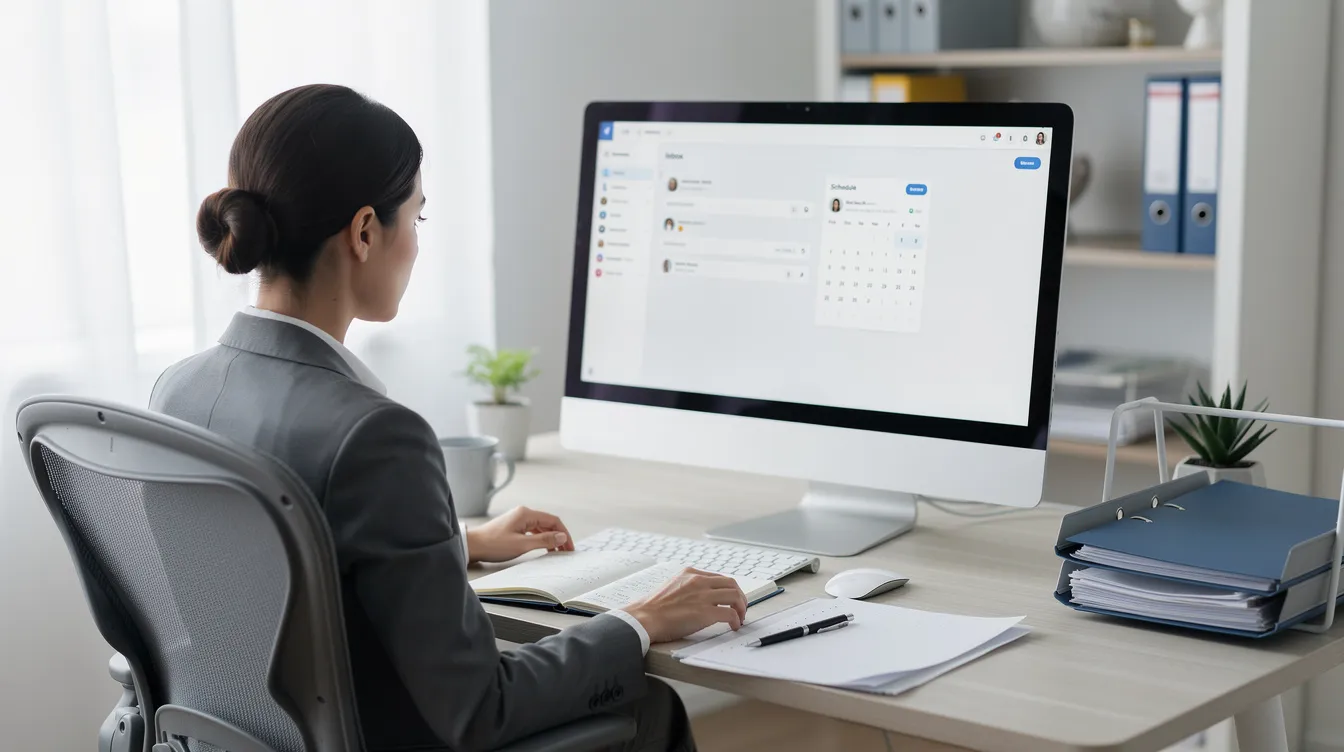 A professional virtual assistant is focused on their computer in a well-organized workspace, surrounded by tax documents and a checklist for tax preparation. The environment suggests efficiency, essential for managing tasks like filing federal income tax returns and preparing for the upcoming tax season.