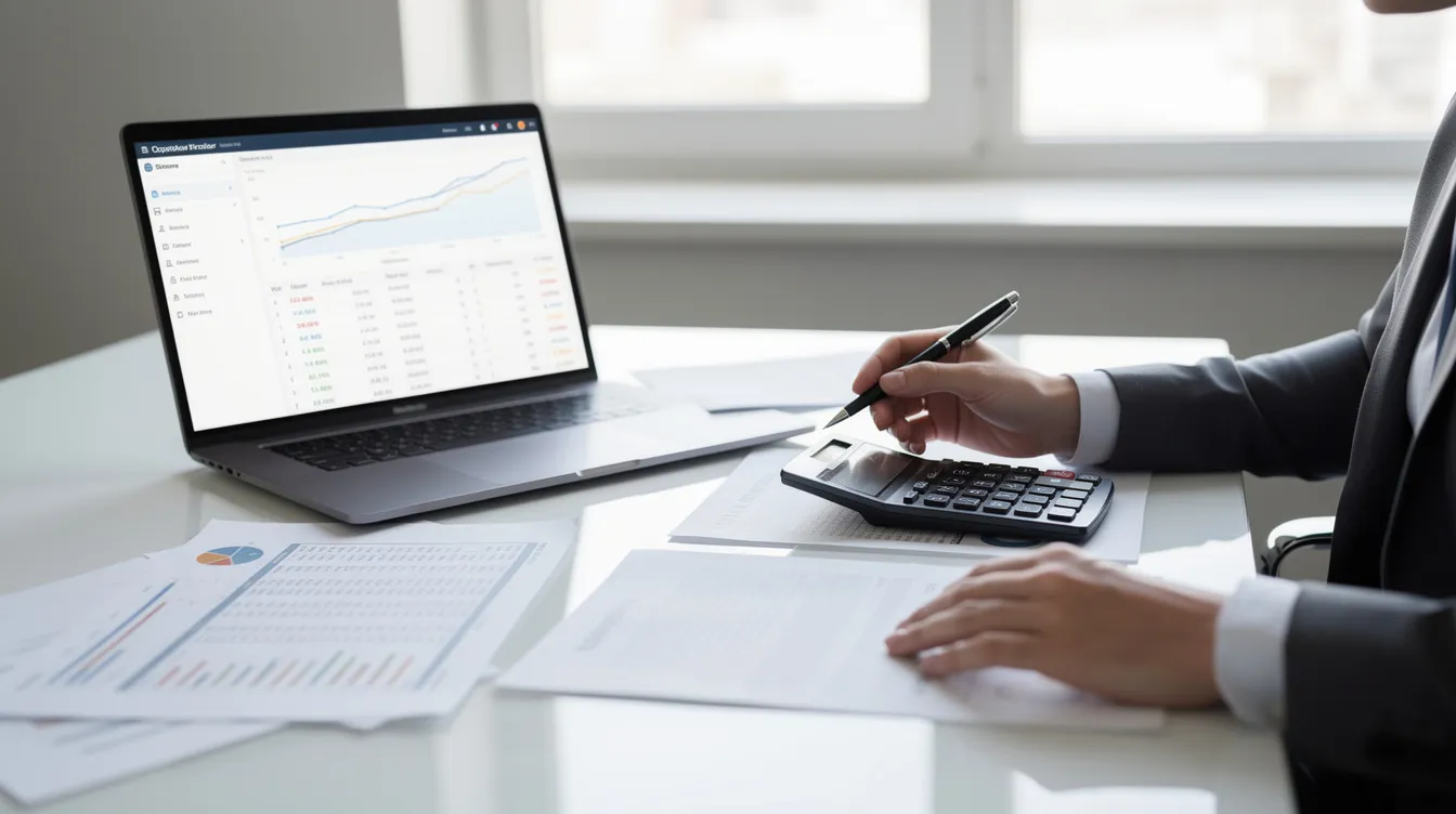 A person is seated at a desk, reviewing financial documents while using a calculator and a laptop, likely preparing for tax season. The scene suggests a focus on organizing tax forms and assessing income, possibly including self-employment income and common tax deductions.