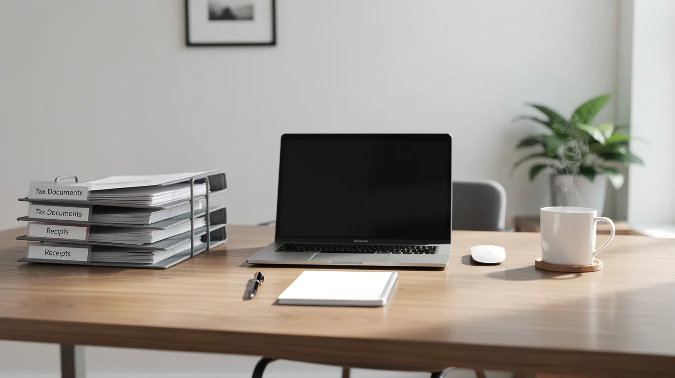 The image shows a neatly organized home office desk featuring a laptop, a coffee mug, and several tax folders, suggesting an environment prepared for tax preparation. The arrangement includes tax documents and a checklist, indicating a focus on managing finances and filing taxes efficiently.