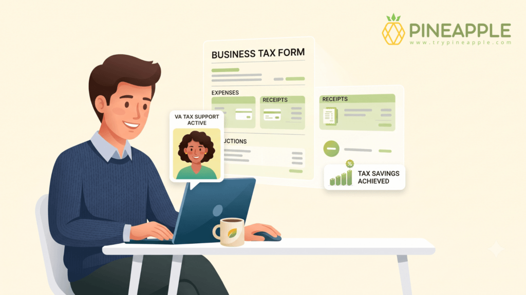 Illustration of a business owner working with a virtual assistant to organize business tax forms, manage receipts, track expenses, and prepare financial records for tax season.