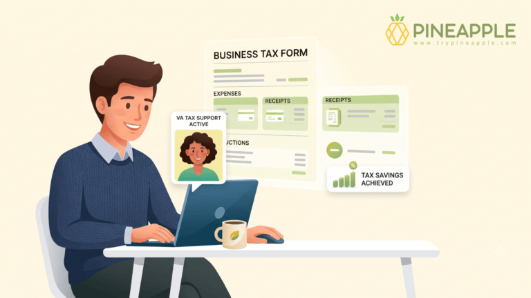 Illustration of a business owner working with a virtual assistant to organize business tax forms, manage receipts, track expenses, and prepare financial records for tax season.
