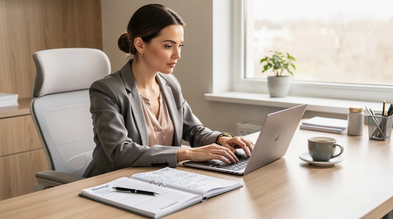 A professional woman is seated at a modern home office desk, working intently on her laptop, with a coffee cup and planner placed beside her, embodying the responsibilities of a successful personal assistant in a professional setting. The scene reflects her strong communication skills and organizational abilities as she manages personal and professional needs.
