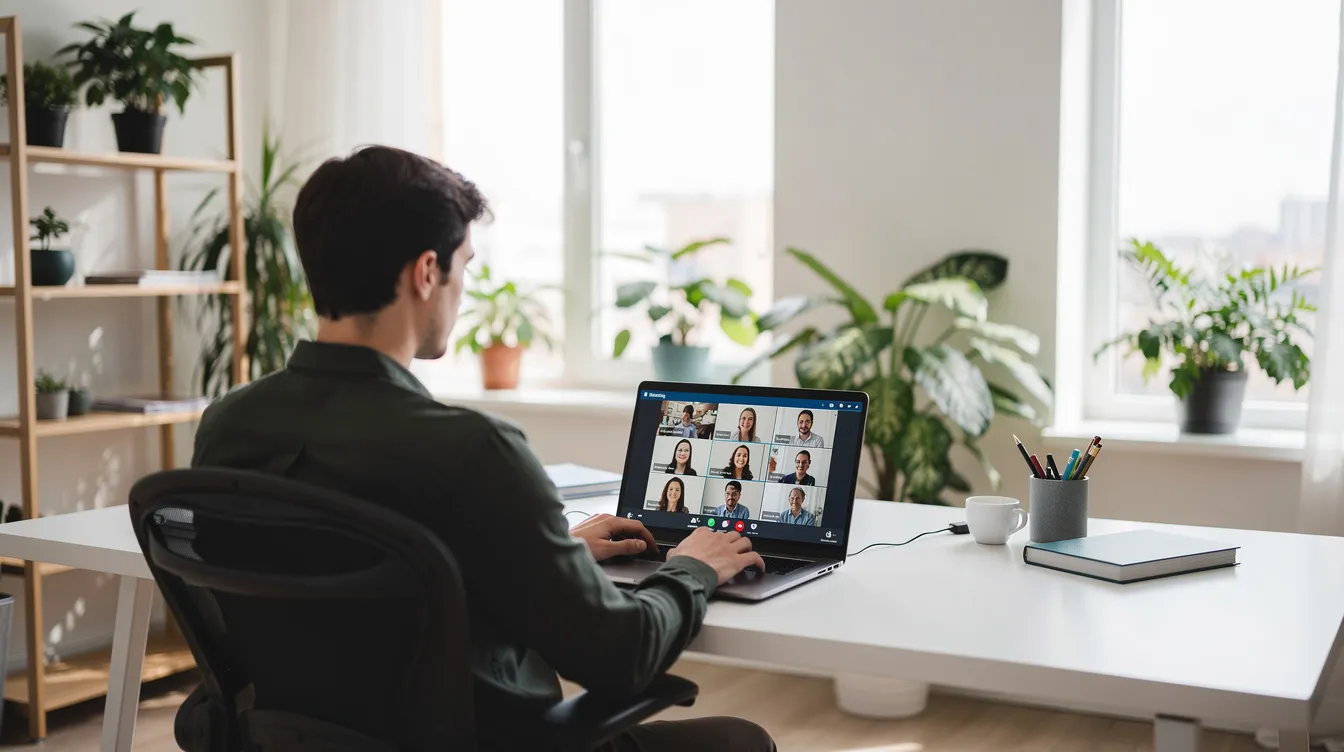 A person is sitting at a desk in a bright, modern office, engaged in a video call on their laptop, surrounded by vibrant plants. This scene highlights a professional setting where effective communication and computer skills are essential for personal and administrative support tasks.