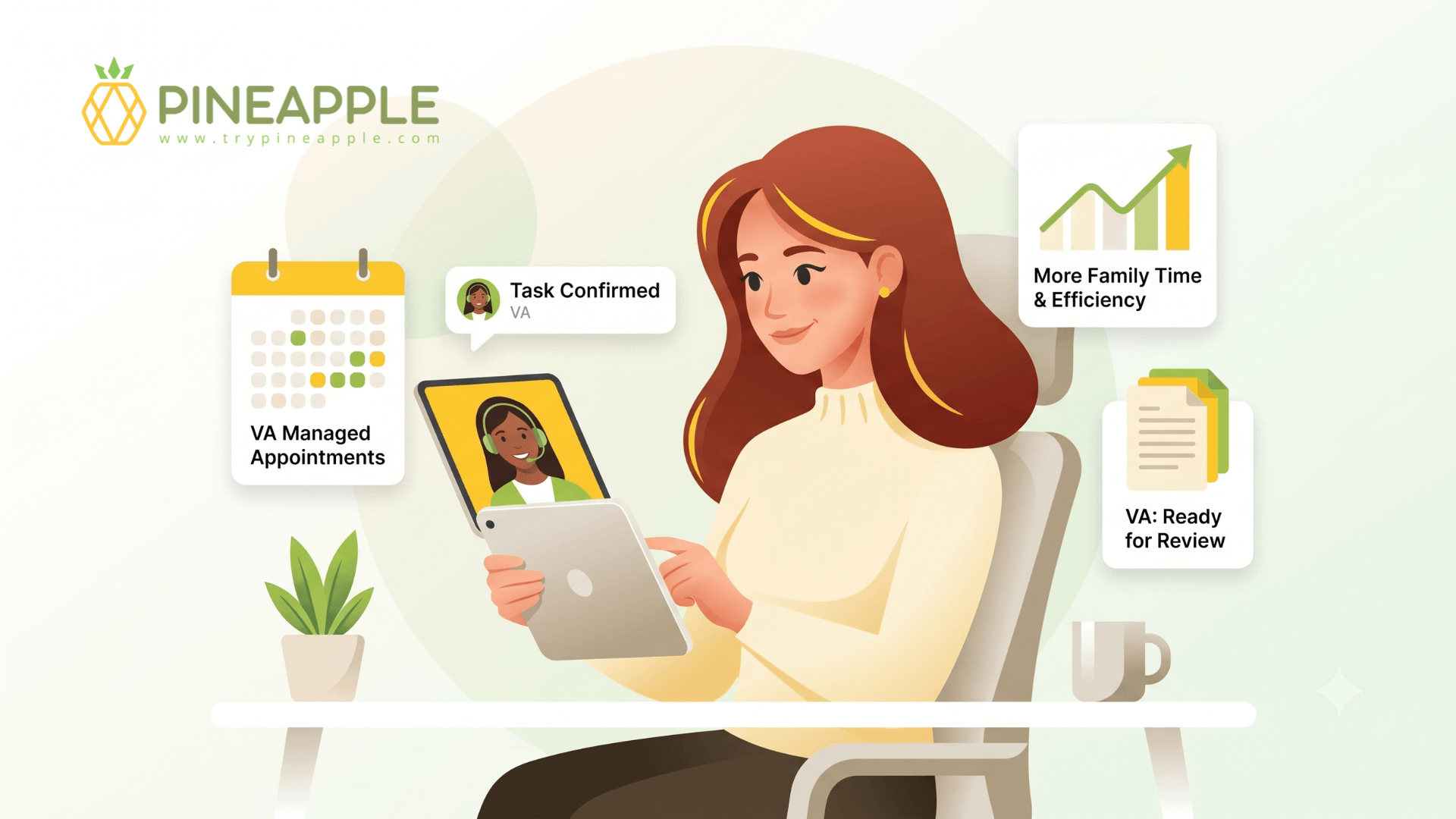 Illustration of a business owner collaborating with a TryPineapple virtual assistant on a tablet, showing managed appointments, completed tasks, document reviews, and improved productivity and work-life balance.